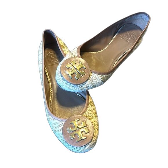 TORY BURCH Reva Ballet Flats Shoes Natural Woven Raffia Straw Beige size 8.5 M - Picture 2 of 9